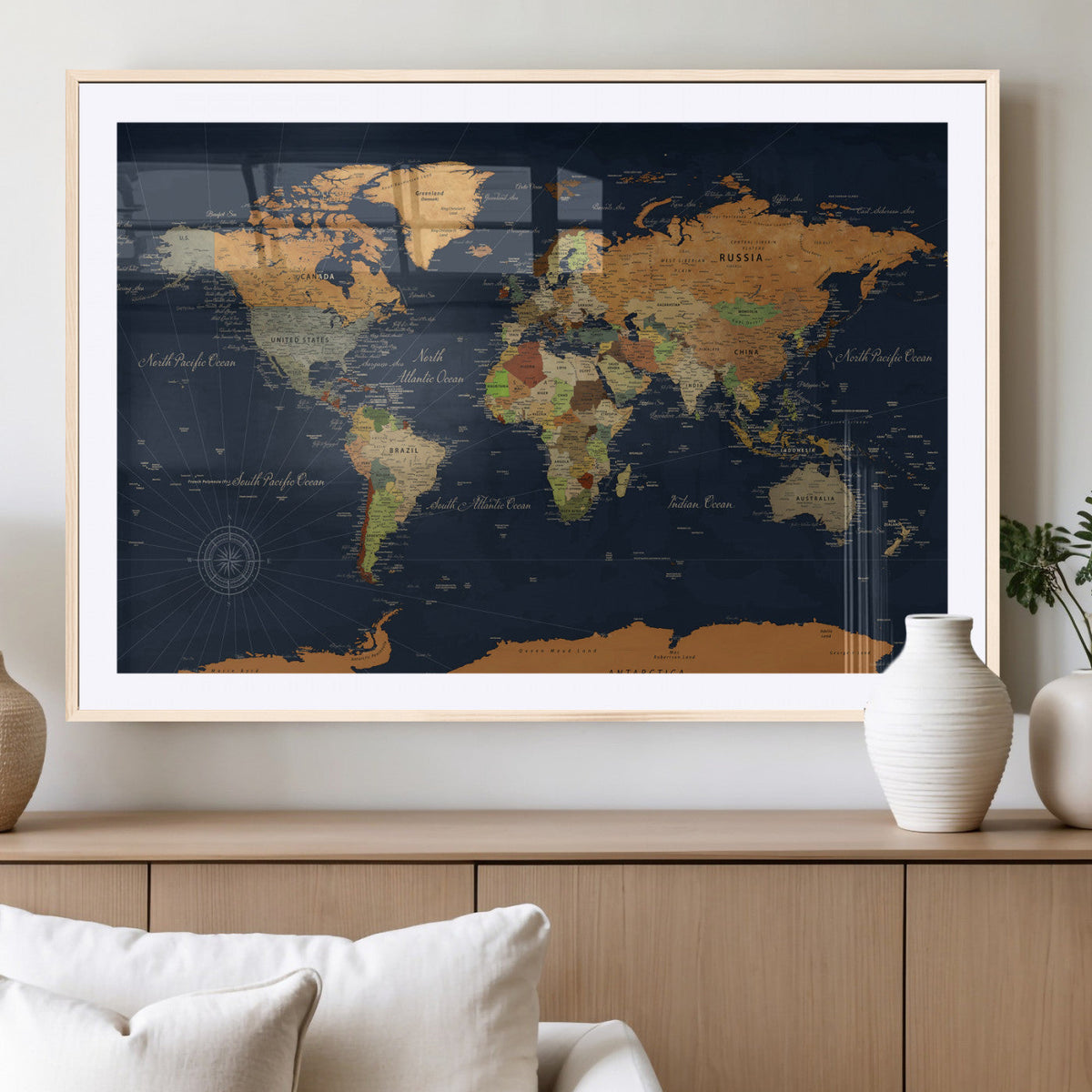 Modern World Map Canvas Print – Framed Detailed Map of the