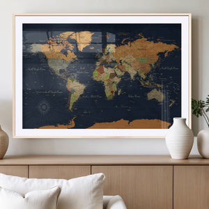 Modern World Map Canvas Print – Framed Detailed Map of the