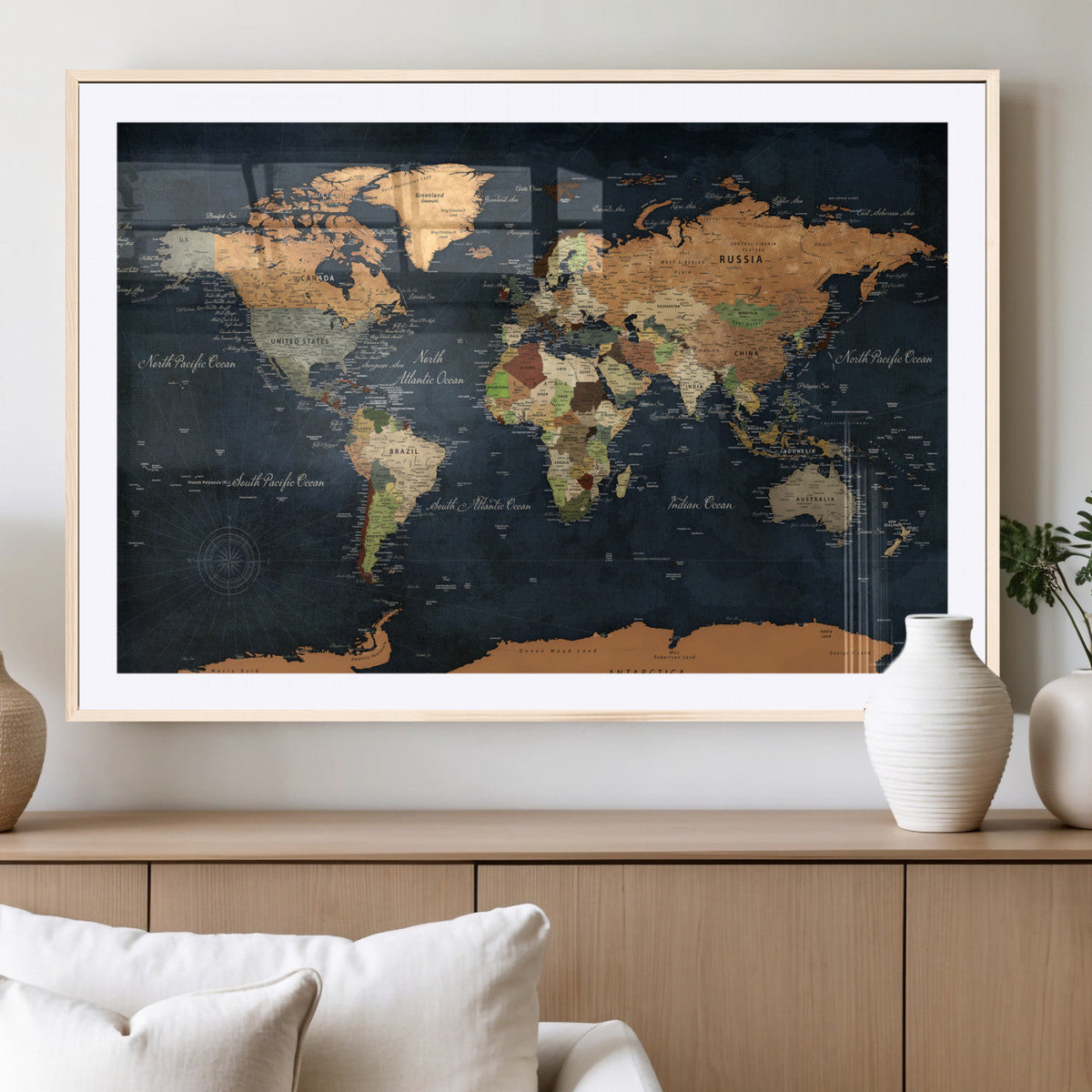 Vintage World Map Canvas Wall Art – Detailed Map with