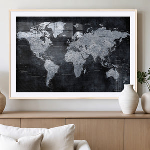 Black World Map Canvas Print – Detailed Map for Couples and