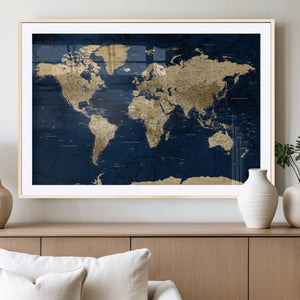 Navy Blue World Map Canvas Print – Detailed Map Minimal Navy