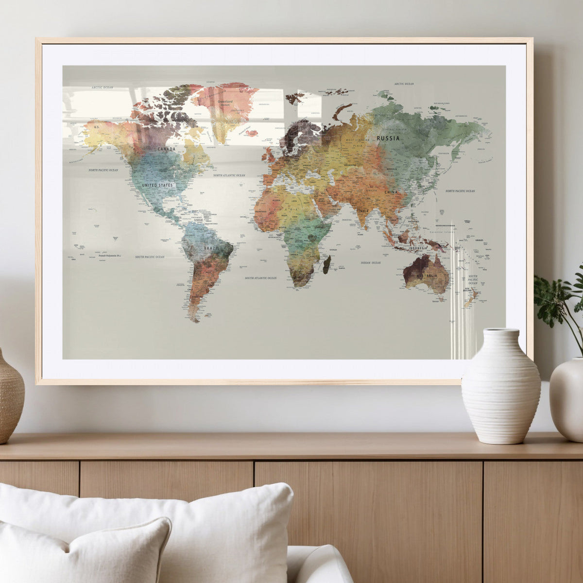 Framed World Map Wall Art Canvas Print for Living Room and