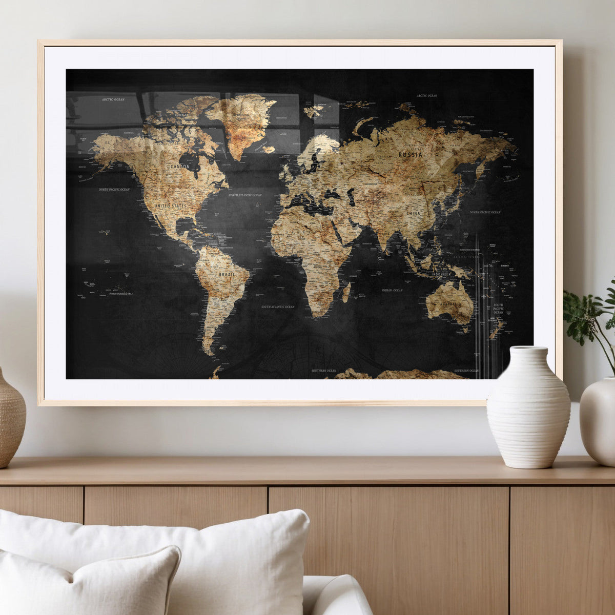 World Map Canvas Wall Art with Famous Landmarks – Framed