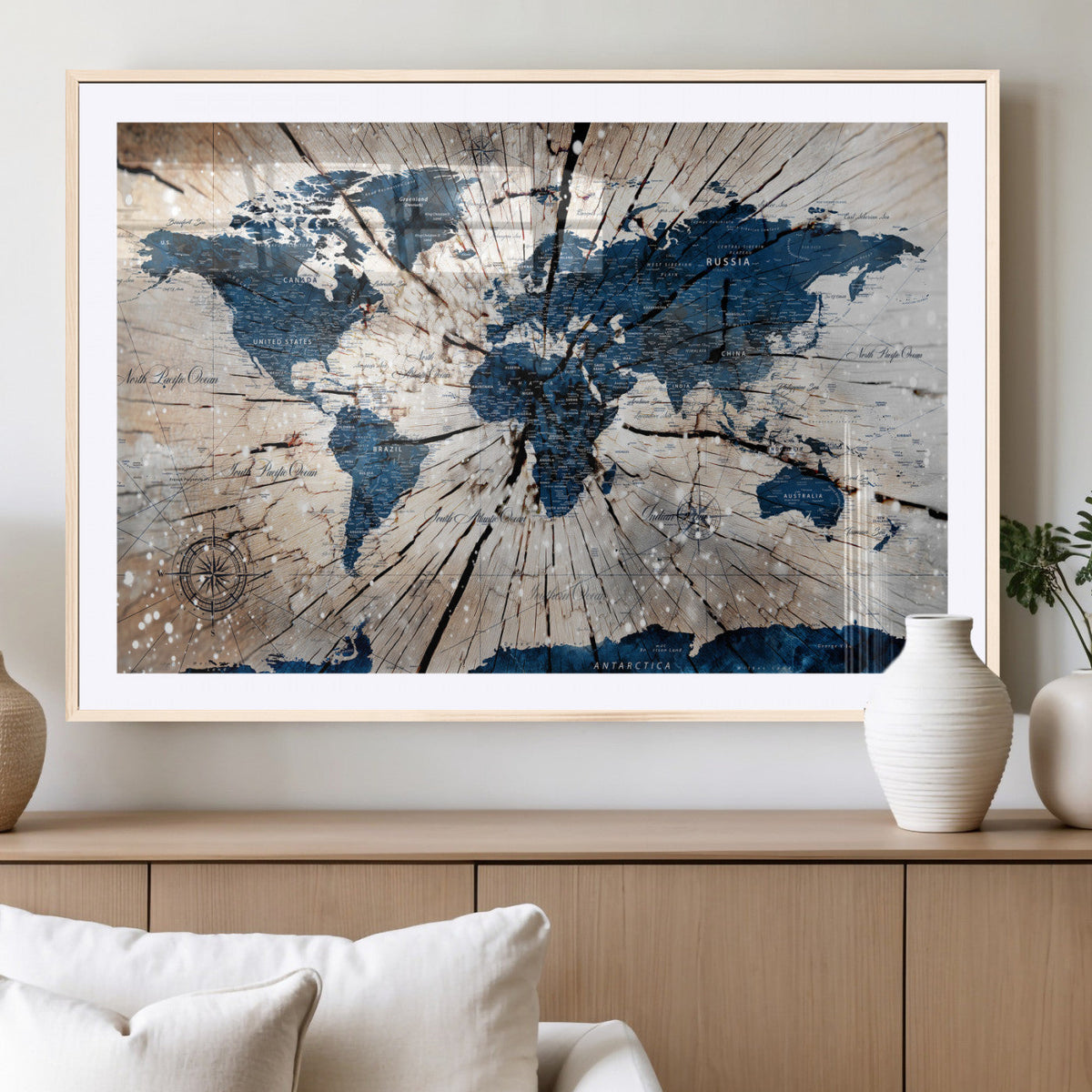 Rustic World Map Canvas Print – Framed Wall Art for Couples,