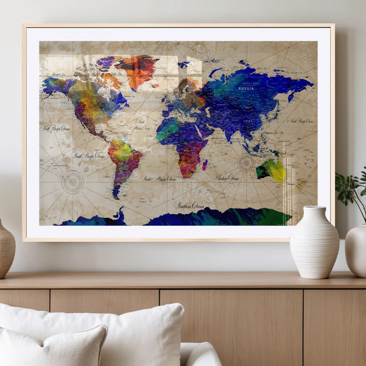 Watercolor World Map Canvas Print – Framed Wall Art for