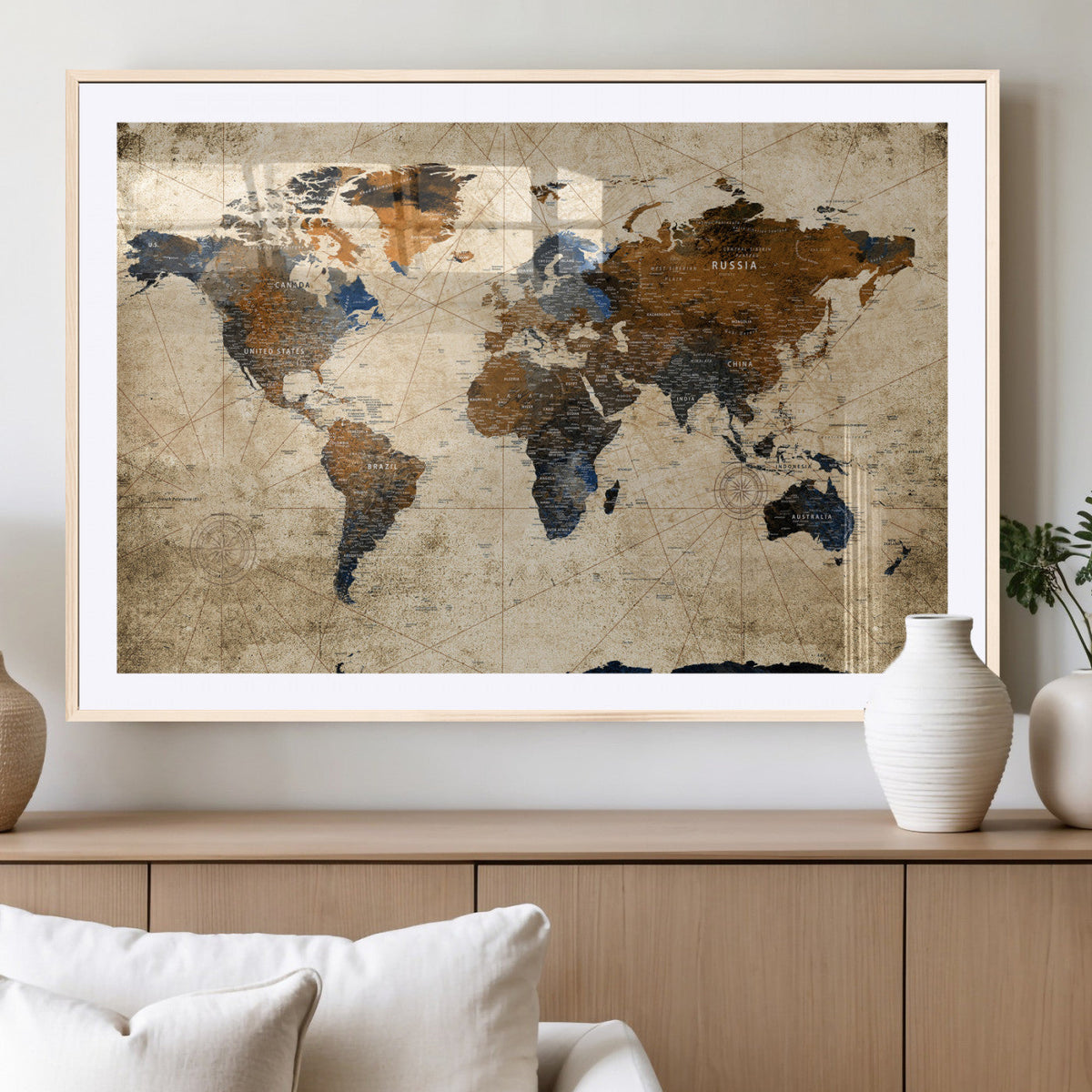 World Map Wall Art – Rustic Earth Tone Canvas Print, Antique