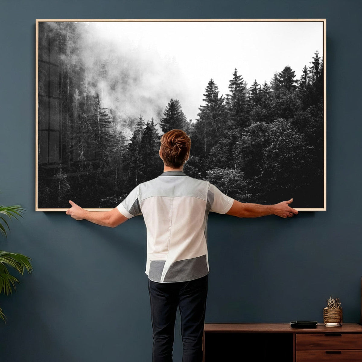Black White Forest Wall Art Canvas Print, Misty Pine Tree
