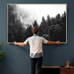 Black White Forest Wall Art Canvas Print, Misty Pine Tree