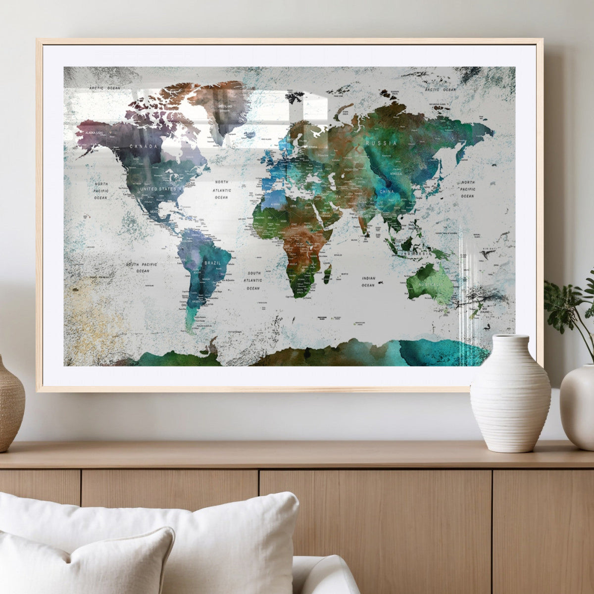 Modern Watercolor World Map Canvas Wall Art – Framed
