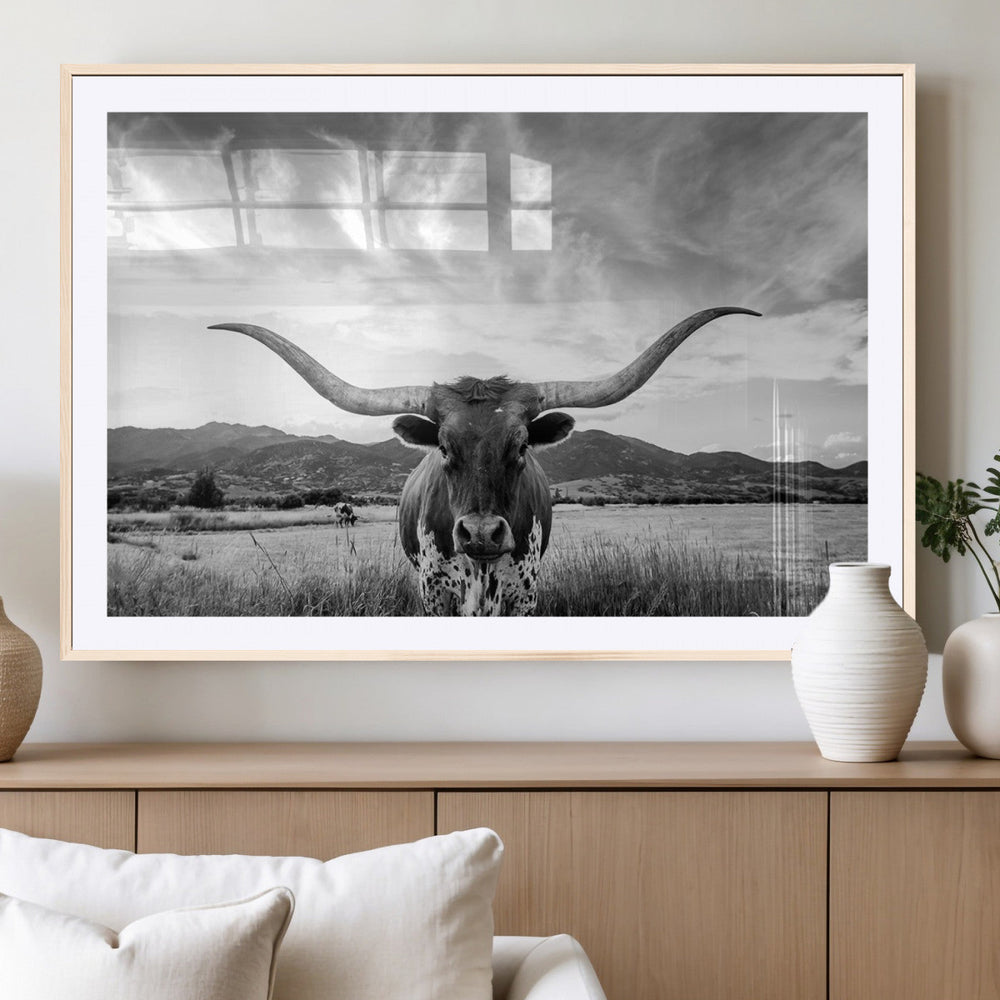 Longhorn Black and White Wall Art – Rustic Western Bull