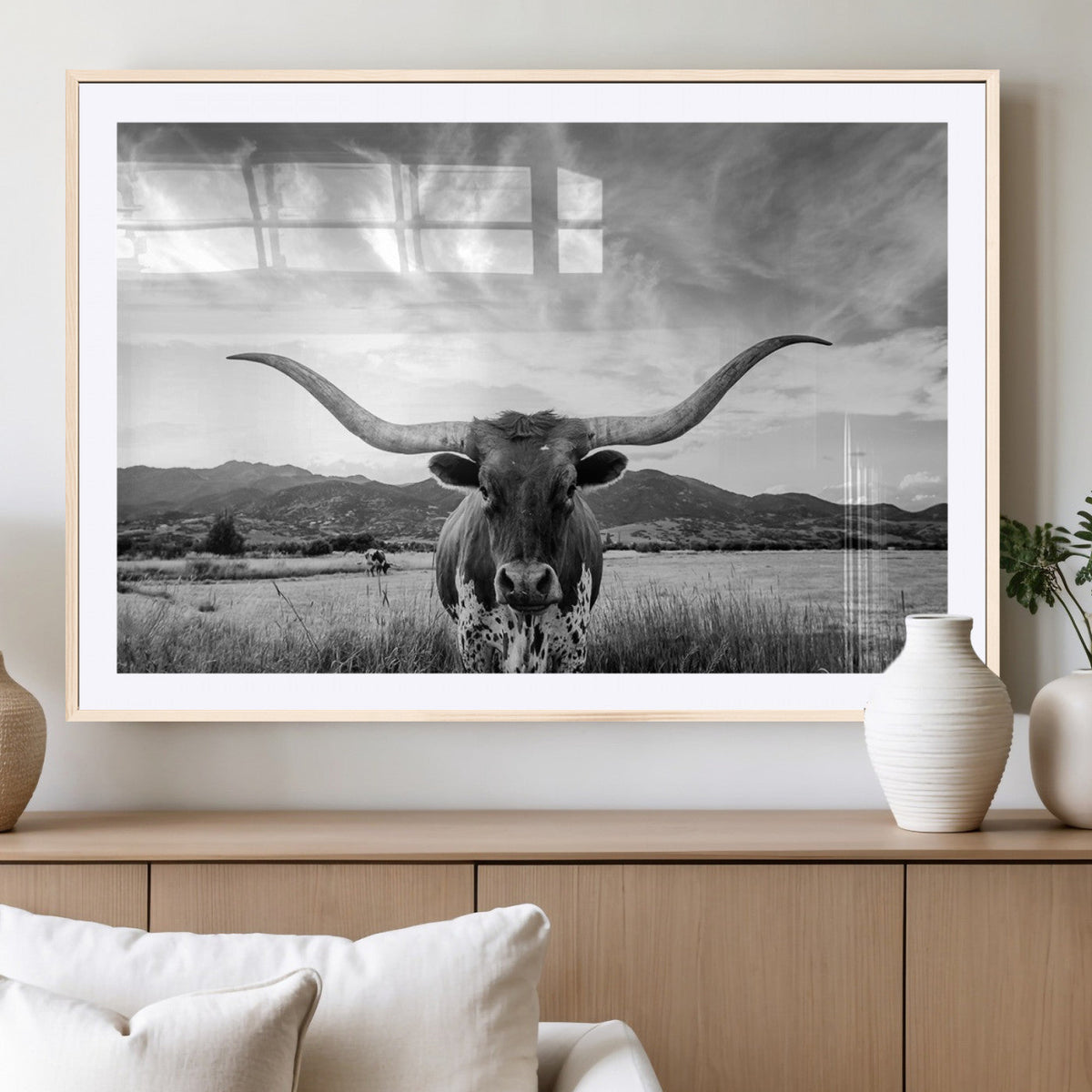 Longhorn Black and White Wall Art – Rustic Western Bull