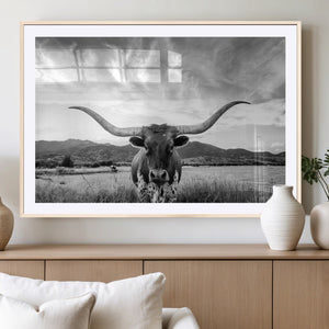 Longhorn Black and White Wall Art – Rustic Western Bull