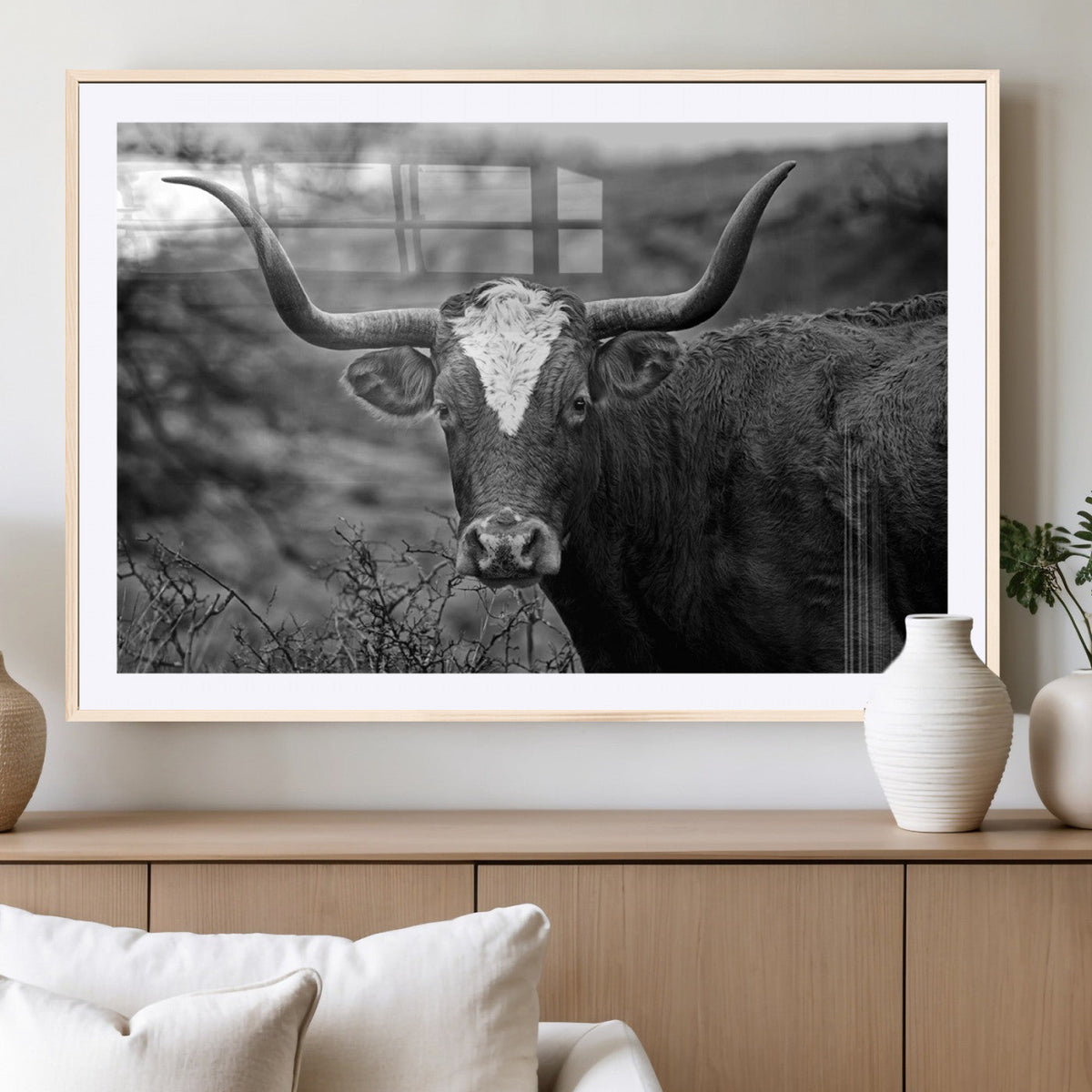 Western Home Wall Art Canvas Print, Framed Texas Longhorn