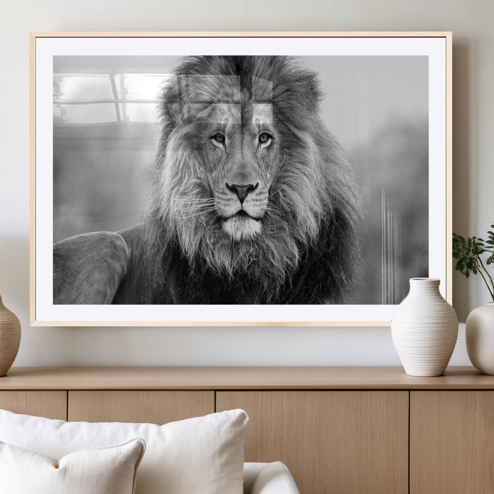 Black and White Lion Canvas Wall Art – Animal Print Artwork