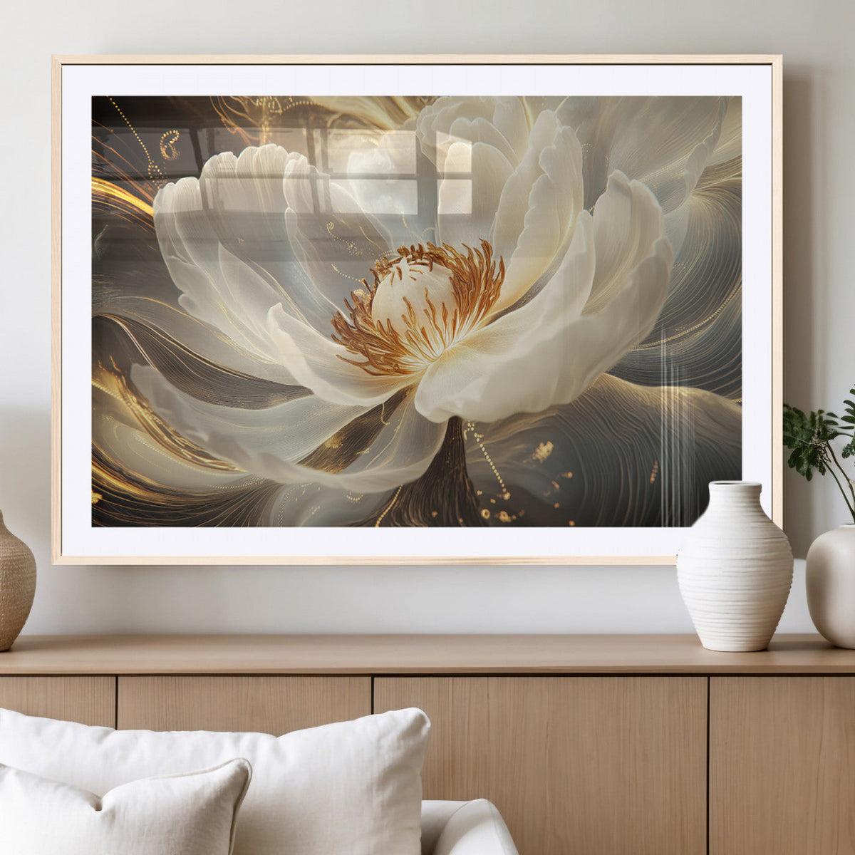 Gold Floral Wall Art Canvas Print, Framed Modern Flower Art