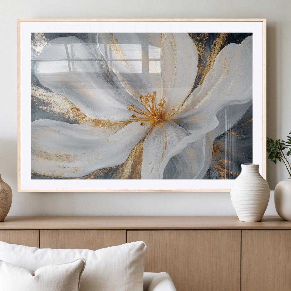 White and Gold Floral Canvas Wall Art - Framed and Ready to