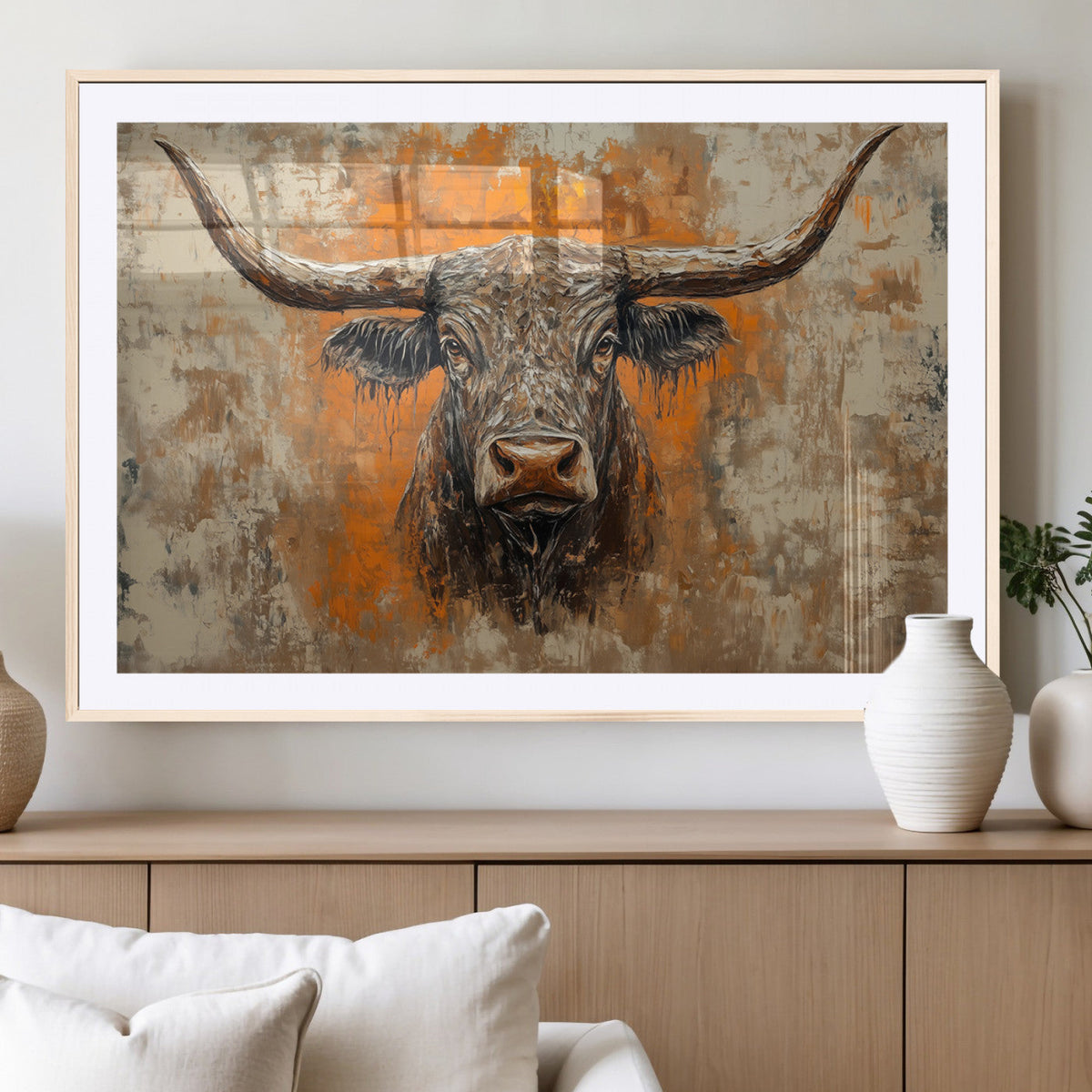 Abstract Cow Longhorn Bull Wall Art Canvas Print - Rustic