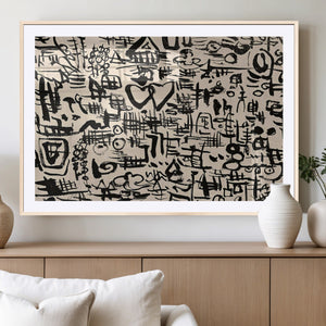 Abstract Love and Chaos Canvas Print, Black Symbols on Beige