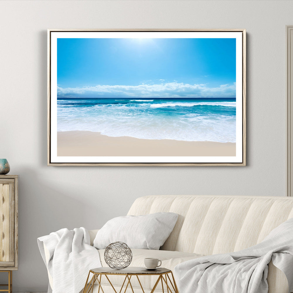 Wall Art Canvas Print Shiny Blue Sea and Beach