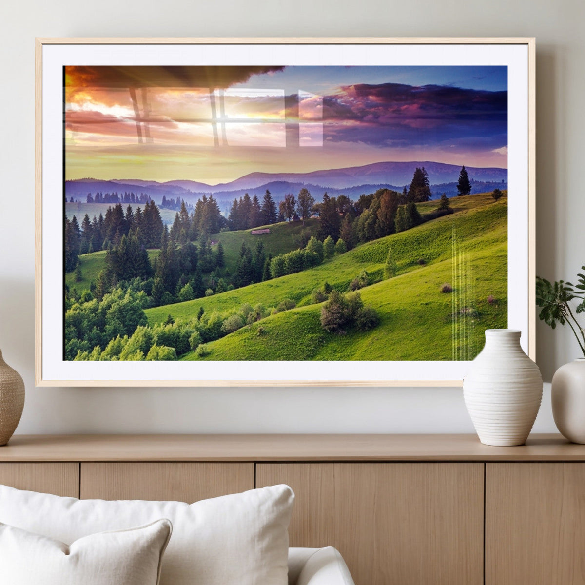 Green Hills and Sunset Wall Art Print - Scenic Landscape
