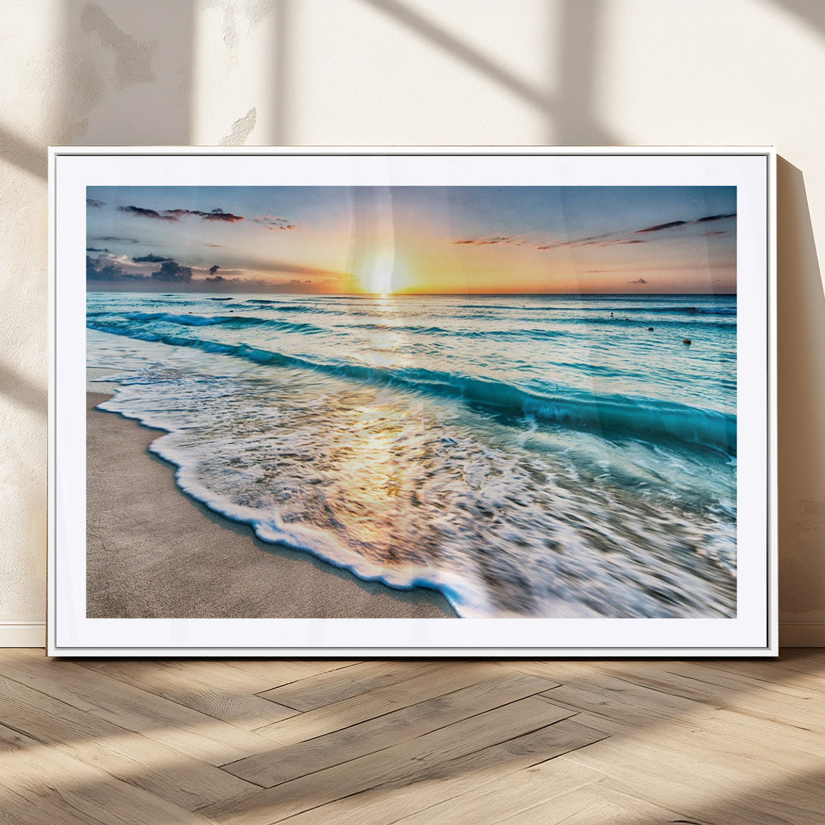 Sunset Beach Waves Canvas Wall Art – 5-Panel Ocean Sunset