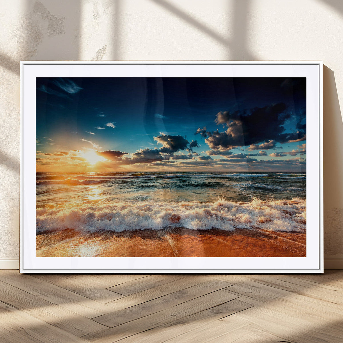 Golden Hour Sunset Over Ocean Waves Wall Art Canvas Print |