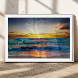 Vibrant Ocean Sunrise Over Golden Beach Waves, Giclee Canvas