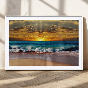 Ocean Sunrise Over Golden Beach Waves, Giclee Canvas Wall