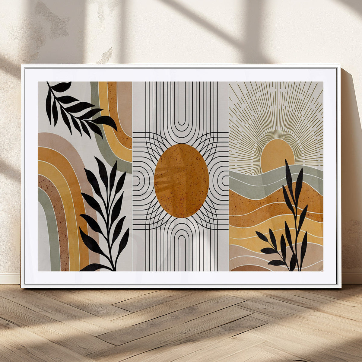 Modern Boho Sun and Leaf Abstract Art – 3-Panel Giclée