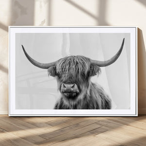 Grayscale Scottish Highland Cow Cattle Art Print Farmhouse
