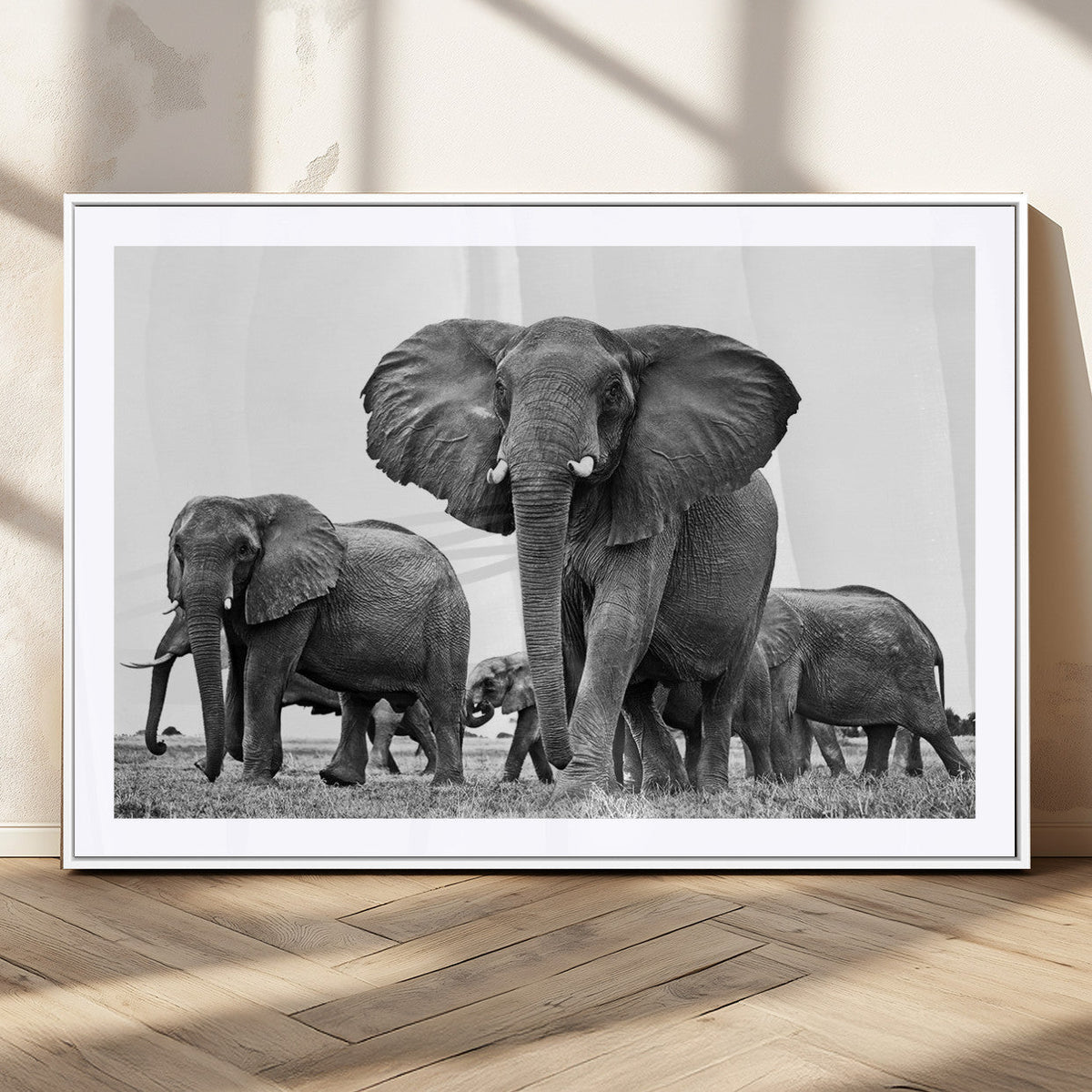 Black White Elephant Family Wall Art Canvas Print