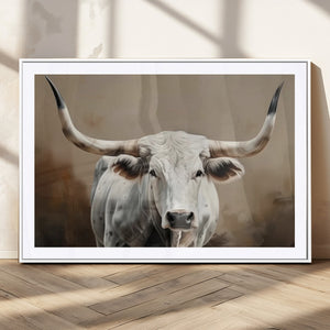 White Longhorn Bull Wall Art Canvas Print – Framed and Ready