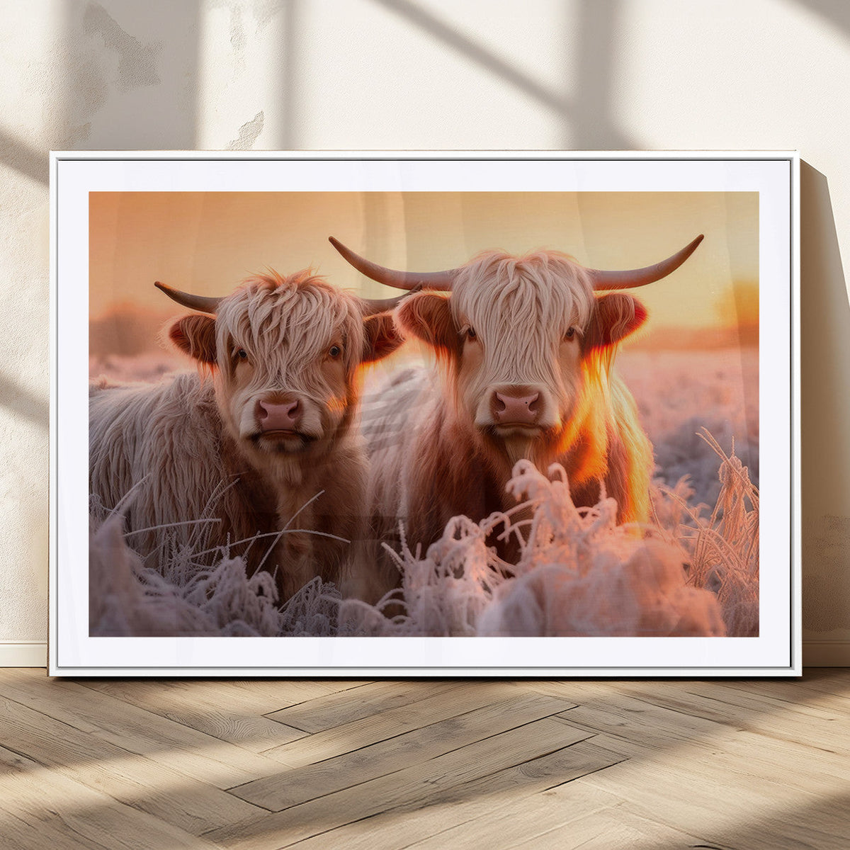 Highland Cows at Sunrise Wall Art Canvas Set – Serene and