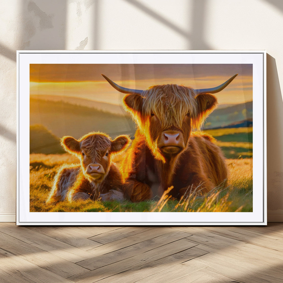 Scottish Cow and Baby Cow Canvas Wall Art Animal Print