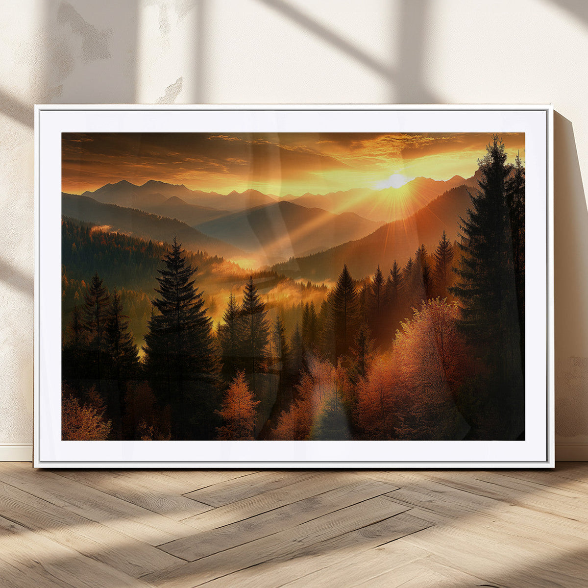 Golden Sunset Over Mountain Forest Canvas Wall Art Print -