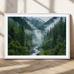 Mountain Forest River Canvas Wall Art Print - Serene Nature