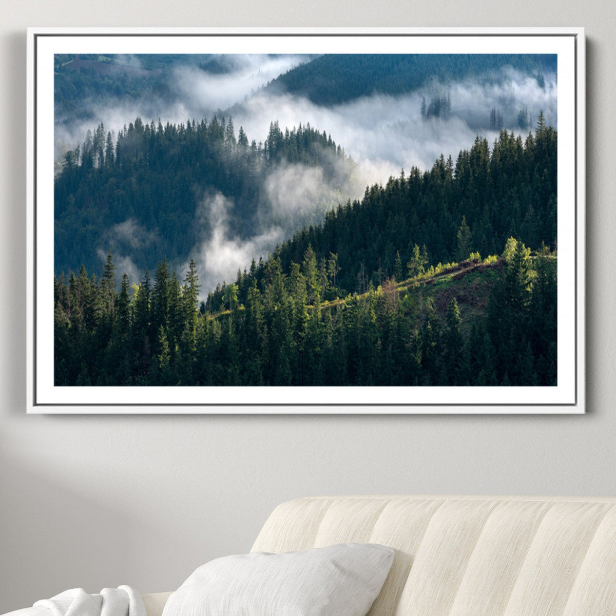 Misty Forest Wall Art Canvas Print – Pine Hills Foggy Trees