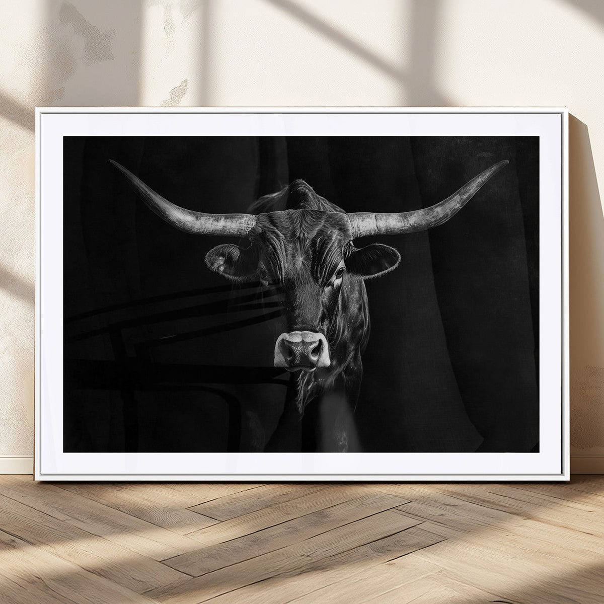 Texas Longhorn Wall Art Canvas Print – Framed Monochrome