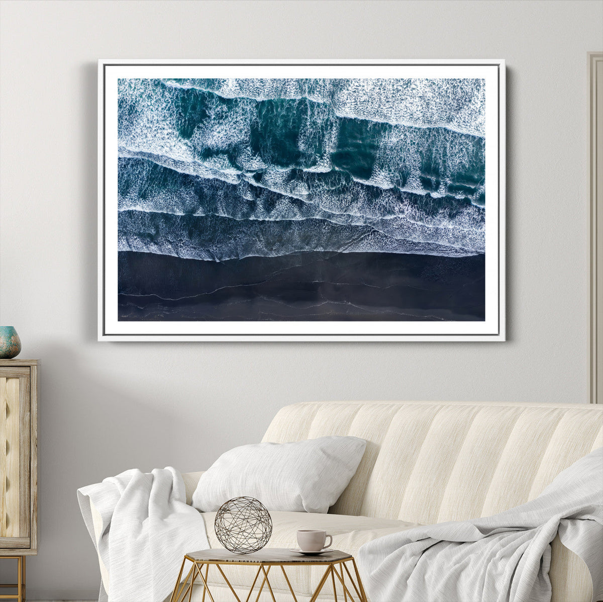 Black Beach Wall Art Canvas Print – Framed Aerial Ocean View