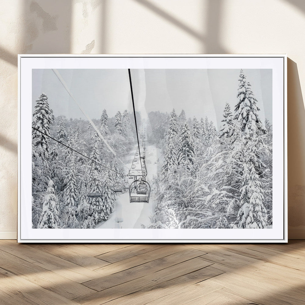 Snowy Ski Lift Wall Art – Framed Winter Mountain Canvas