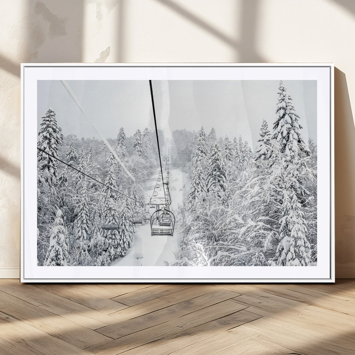 Snowy Ski Lift Wall Art – Framed Winter Mountain Canvas