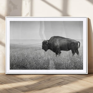 Bison in Prairie Wall Art Canvas Print – Framed Rustic