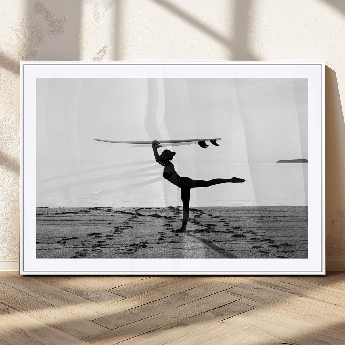 Yoga Surf Wall Art Canvas Print – Framed Black White Shore