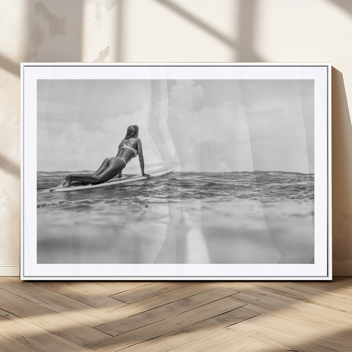 Black and White Surfing Wall Art Canvas Print – Framed Ocean