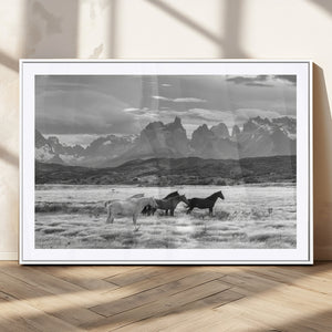 Wild Horses Wall Art Canvas Print – Framed Black and White