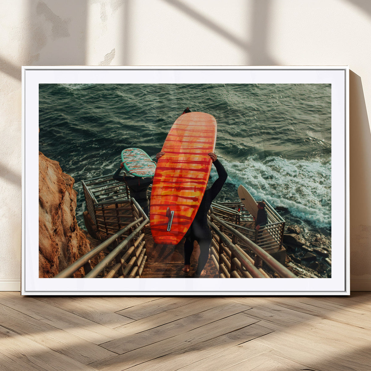 Surfer Stairway Wall Art – Framed Ocean Surf Canvas Artwork,