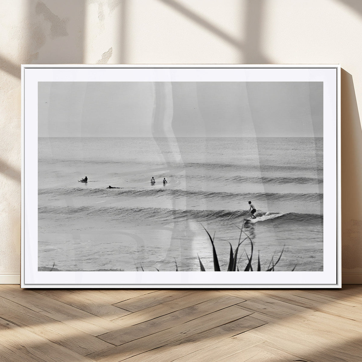 Surfer Silhouette Wall Art – Framed Calm Ocean Canvas
