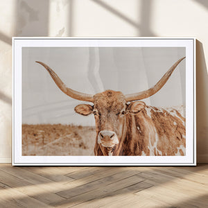 Texas Longhorn Wall Art Canvas Print – Framed Sepia Cow Art