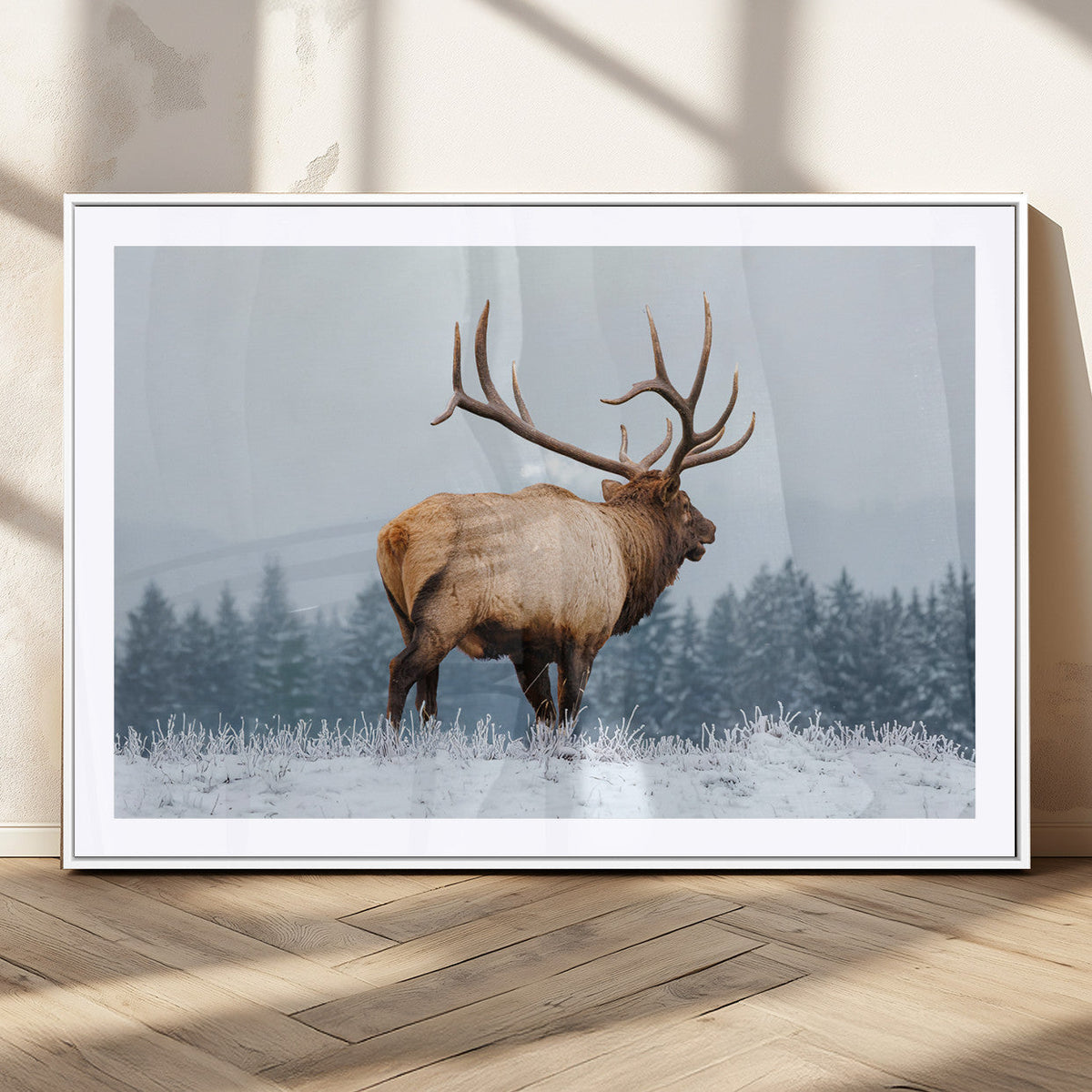 Elk Wall Art Canvas Print – Framed Snowy Forest Scene Art