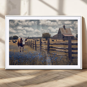 Texas Longhorn Canvas Wall Art Print – Framed Rustic Barn